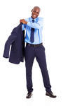 handsome-african-american-businessman-putting-on-jacket-on-white-background_129700979